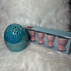 Blue Ceramic Egg Light  and 4 Pink Egg Cups Set